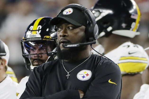Pittsburgh Steelers head coach Mike Tomlin watches from the sideline in the first half an NFL football game against the New England Patriots, Sunday, Sept. 8, 2019, in Foxborough, Mass. (AP Photo/Steven Senne)