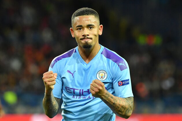 Manchester City's Brazilian striker Gabriel Jesus celebrates after scoring a goal during the UEFA Champions League Group C football match between FC Shakhtar Donetsk and Manchester City FC at the OSK Metalist stadium in Kharkiv on September 18, 2019. (Photo by Sergei SUPINSKY / AFP)        (Photo credit should read SERGEI SUPINSKY/AFP/Getty Images)