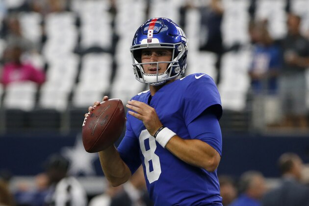 New York Giants quarterback Daniel Jones (8) throws a pass during warmups before a NFL football game against the Dallas Cowboys in Arlington, Texas, Sunday, Sept. 8, 2019. (AP Photo/Michael Ainsworth)