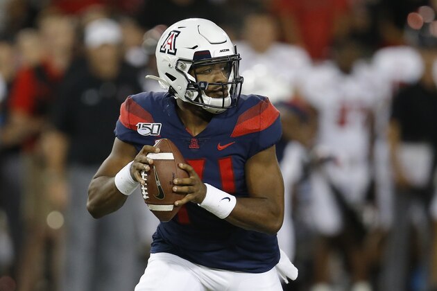 Arizona quarterback Khalil Tate (14) during an NCAA football game against Texas Tech on Saturday, Sept. 14, 2019 in Tuscon, Ariz. (AP Photo/Rick Scuteri)