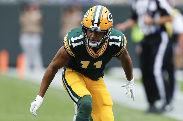 Green Bay Packers' Trevor Davis is seen during the first half of an NFL football game against the Minnesota Vikings Sunday, Sept. 15, 2019, in Green Bay, Wis. (AP Photo/Matt Ludtke)