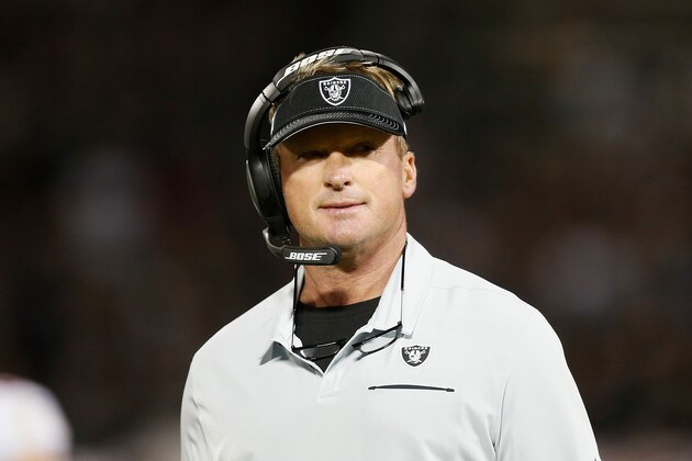 OAKLAND, CALIFORNIA - SEPTEMBER 09: Head coach Jon Gruden of the Oakland Raiders looks on during the second half of the game against the Denver Broncos at RingCentral Coliseum on September 09, 2019 in Oakland, California. (Photo by Lachlan Cunningham/Getty Images)