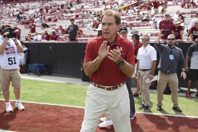 Alabama head coach Nick Saban, center, waits to take the field before the start of an NCAA college football game against South Carolina Saturday, Sept. 14, 2019, in Columbia, S.C. (AP Photo/Richard Shiro)