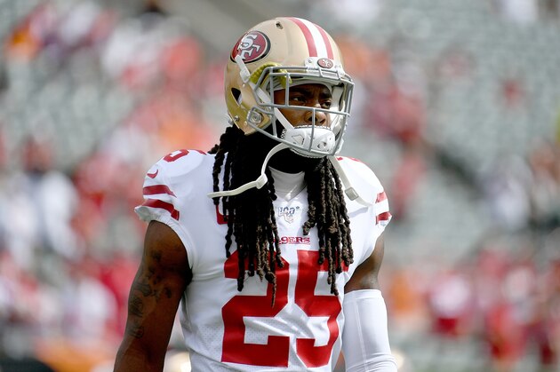 CINCINNATI, OH - SEPTEMBER 15: Richard Sherman #25 of the San Francisco 49ers warms up before the start of the game against the Cincinnati Bengals at Paul Brown Stadium on September 15, 2019 in Cincinnati, Ohio. (Photo by Bobby Ellis/Getty Images)