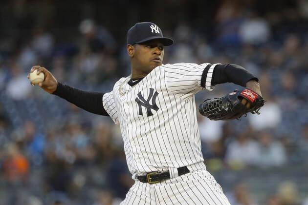CORRECTS SPELLING TO SEVERINO, INSTEAD OF SERVERINO - New York Yankees' Luis Severino delivers a pitch during the first inning of a baseball game against the Los Angeles Angels Tuesday, Sept. 17, 2019, in New York. (AP Photo/Frank Franklin II)