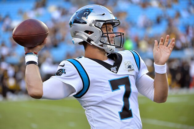 CHARLOTTE, NORTH CAROLINA - AUGUST 29: Kyle Allen #7 of the Carolina Panthers against the Pittsburgh Steelers during their preseason game at Bank of America Stadium on August 29, 2019 in Charlotte, North Carolina. (Photo by Grant Halverson/Getty Images)