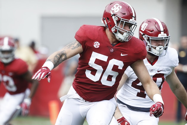 TUSCALOOSA, AL - APRIL 13: Antonio Alfano #56 of the Alabama Crimson Tide in action during the team's A-Day Spring Game at Bryant-Denny Stadium on April 13, 2019 in Tuscaloosa, Alabama. (Photo by Joe Robbins/Getty Images)