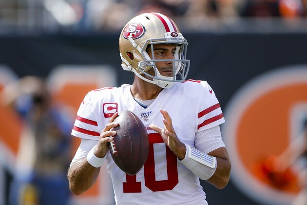 San Francisco 49ers quarterback Jimmy Garoppolo looks to pass during the first half an NFL football game against the Cincinnati Bengals, Sunday, Sept. 15, 2019, in Cincinnati. (AP Photo/Gary Landers)