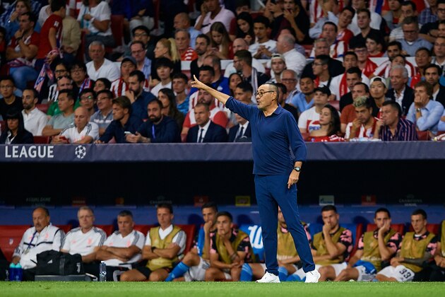 MADRID, SPAIN - SEPTEMBER 18: Maurizio Sarri head coach of Juventus reacts during the UEFA Champions League group D match between Atletico Madrid and Juventus at Wanda Metropolitano on September 18, 2019 in Madrid, Spain. (Photo by David Aliaga/MB Media/Getty Images)