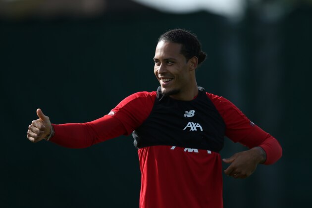 LIVERPOOL, ENGLAND - SEPTEMBER 16: Virgil van Dijk of Liverpool reacts during the Liverpool FC training session on the eve of the UEFA Champions League match between SSC Napoli and Liverpool FC at Melwood Training Ground on September 16, 2019 in Liverpool, England. (Photo by Jan Kruger/Getty Images) LIVERPOOL, ENGLAND - SEPTEMBER 16: Virgil van Dijk of Liverpool reacts during the Liverpool FC training session on the eve of the UEFA Champions League match between SSC Napoli and Liverpool FC at Melwood Training Ground on September 16, 2019 in Liverpool, England. (Photo by Jan Kruger/Getty Images)