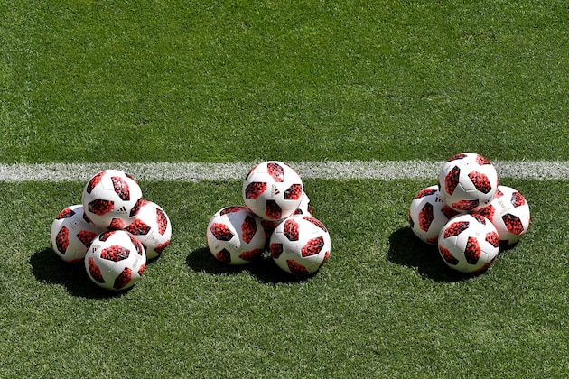 Adidas Telstar match balls are seen during a training session on the eve of the Russia 2018 FIFA World Cup quarter final football match between Sweden and England at the Samara Arena on July 6, 2018 in Samara. (Photo by Yuri CORTEZ / AFP)        (Photo credit should read YURI CORTEZ/AFP/Getty Images)