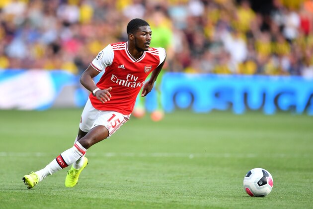 Arsenal's English midfielder Ainsley Maitland-Niles controls the ball during the English Premier League football match between Watford and Arsenal at Vicarage Road Stadium in Watford, north of London on September 15, 2019. (Photo by Ben STANSALL / AFP) / RESTRICTED TO EDITORIAL USE. No use with unauthorized audio, video, data, fixture lists, club/league logos or 'live' services. Online in-match use limited to 120 images. An additional 40 images may be used in extra time. No video emulation. Social media in-match use limited to 120 images. An additional 40 images may be used in extra time. No use in betting publications, games or single club/league/player publications. /         (Photo credit should read BEN STANSALL/AFP/Getty Images)