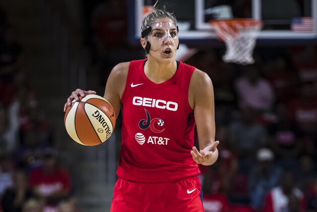 WASHINGTON, DC - SEPTEMBER 17: Elena Delle Donne #11 of the Washington Mystics reacts against the Las Vegas Aces during the second half of Game One of the 2019 WNBA playoffs at St Elizabeths East Entertainment & Sports Arena on September 17, 2019 in Washington, DC. NOTE TO USER: User expressly acknowledges and agrees that, by downloading and or using this photograph, User is consenting to the terms and conditions of the Getty Images License Agreement. (Photo by Scott Taetsch/Getty Images)
