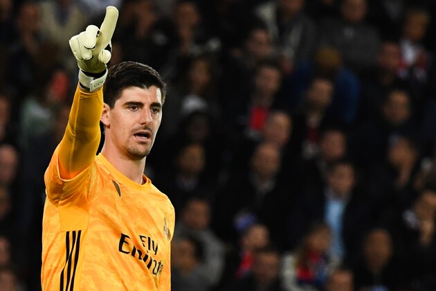 Real Madrid's Belgian goalkeeper Thibaut Courtois reacts during the UEFA Champions league Group A football match between Paris Saint-Germain and Real Madrid, at the Parc des Princes stadium, in Paris, on September 18, 2019. (Photo by MARTIN BUREAU / AFP)        (Photo credit should read MARTIN BUREAU/AFP/Getty Images)