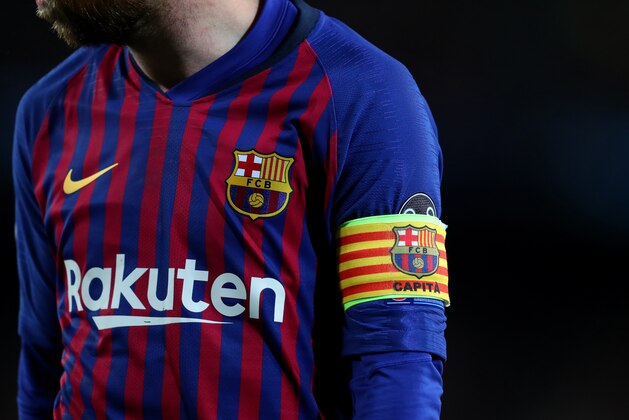 BARCELONA, SPAIN - MAY 01: The captains armband of Lionel Messi of Barcelona during the UEFA Champions League Semi Final first leg match between Barcelona and Liverpool at the Nou Camp on May 01, 2019 in Barcelona, Spain. (Photo by Catherine Ivill/Getty Images)