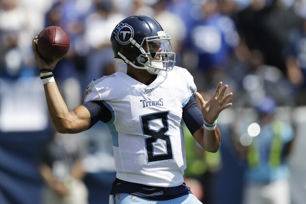 Tennessee Titans quarterback Marcus Mariota passes against the Indianapolis Colts before an NFL football game Sunday, Sept. 15, 2019, in Nashville, Tenn. (AP Photo/James Kenney)