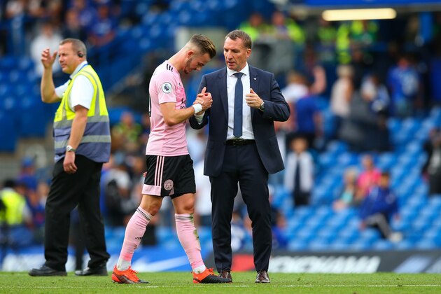 LONDON, ENGLAND - AUGUST 18: Leicester City manager Brendan Rodgers shakes hands with James Maddison of Leicester City after the Premier League match between Chelsea FC and Leicester City at Stamford Bridge on August 18, 2019 in London, United Kingdom. (Photo by Craig Mercer/MB Media/Getty Images)