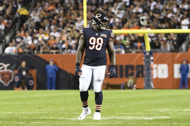 Chicago Bears' Bilal Nichols is seen during the first half of an NFL football game against the Green Bay Packers Thursday, Sept. 5, 2019, in Chicago. (AP Photo/David Banks)