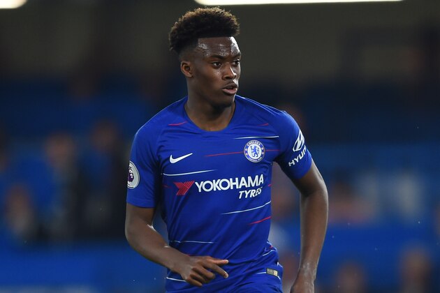 LONDON, ENGLAND - APRIL 22: Callum Hudson-Odoi of Chelsea runs with the ball during the Premier League match between Chelsea FC and Burnley FC at Stamford Bridge on April 22, 2019 in London, United Kingdom. (Photo by Harriet Lander/Copa/Getty Images)