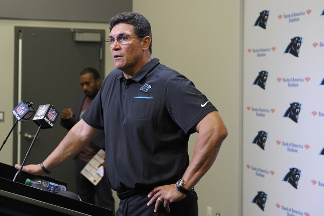 Carolina Panthers head coach Ron Rivera speaks to membersa of the media following an NFL football game against the Tampa Bay Buccaneers in Charlotte, N.C., Friday, Sept. 13, 2019. (AP Photo/Mike McCarn)