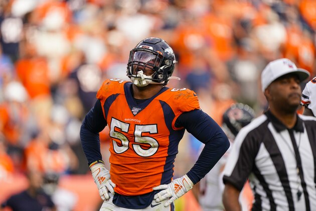 Denver Broncos outside linebacker Bradley Chubb reacts to a roughing the passer call during an NFL football game between the Denver Broncos and the Chicago Bears, Sunday, Sept. 15, 2019, in Denver. (AP Photo/Jack Dempsey)