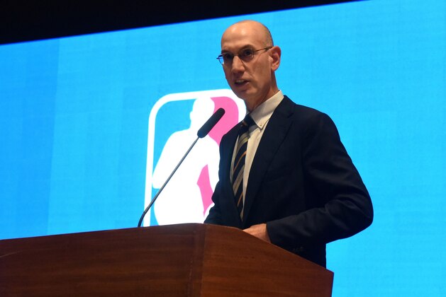 NBA Commissioner Adam Silver speaks during the announcement of the The NBA-backed Basketball Africa League (BAL) at the Museum of Black Civilisations in Dakar, on July 30 2019. - The NBA-backed Basketball Africa League (BAL) unveiled host cities Tuesday for its inaugural season, with Kigali, Rwanda, as the named host city for the first semi-final and championship games. Cairo, Egypt; Dakar, Senegal; Lagos, Nigeria; Luanda, Angola; Rabat, Morocco and a Tunisian city, Tunis or Monastir, were announced as the sites for BAL regular-season games. The BAL, featuring 12 club teams from across Africa, is set to begin play in March 2020. (Photo by Seyllou / AFP)        (Photo credit should read SEYLLOU/AFP/Getty Images)