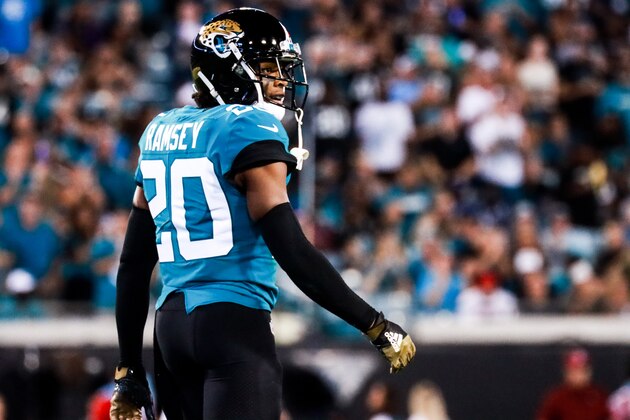JACKSONVILLE, FLORIDA - SEPTEMBER 19: Cornerback Jalen Ramsey 20 of the Jacksonville Jaguars looks to the Tennessee Titans bench in the first quarter at TIAA Bank Field on September 19, 2019 in Jacksonville, Florida. (Photo by Harry Aaron/Getty Images)