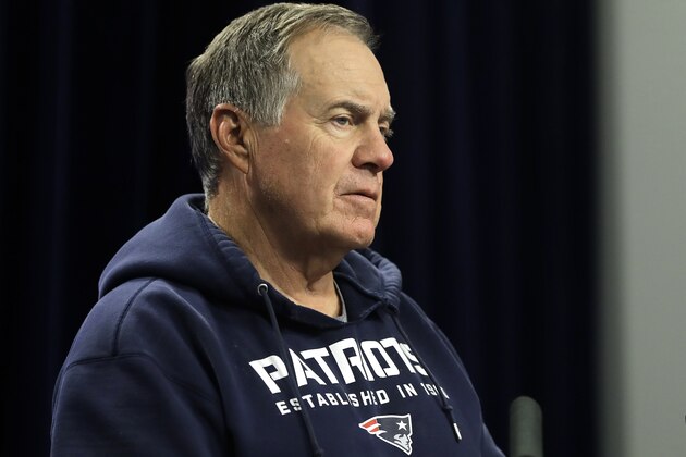 New England Patriots head coach Bill Belichick takes questions from reporters before an NFL football practice, Wednesday, Sept. 18, 2019, in Foxborough, Mass. (AP Photo/Steven Senne)