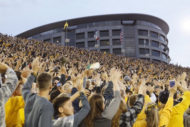 Iowa fans wave to children in the University of Iowa Stead Family Children's Hospital at the end of the first quarter of an NCAA college football game between Iowa and Miami of Ohio, Saturday, Aug. 31, 2019, in Iowa City, Iowa. (AP Photo/Charlie Neibergall) Iowa fans wave to children in the University of Iowa Stead Family Children's Hospital at the end of the first quarter of an NCAA college football game between Iowa and Miami of Ohio, Saturday, Aug. 31, 2019, in Iowa City, Iowa. (AP Photo/Charlie Neibergall)