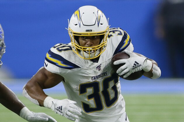 Los Angeles Chargers running back Austin Ekeler (30) runs the ball against the Detroit Lions in the second half of an NFL football game in Detroit, Sunday, Sept. 15, 2019. (AP Photo/Duane Burleson)