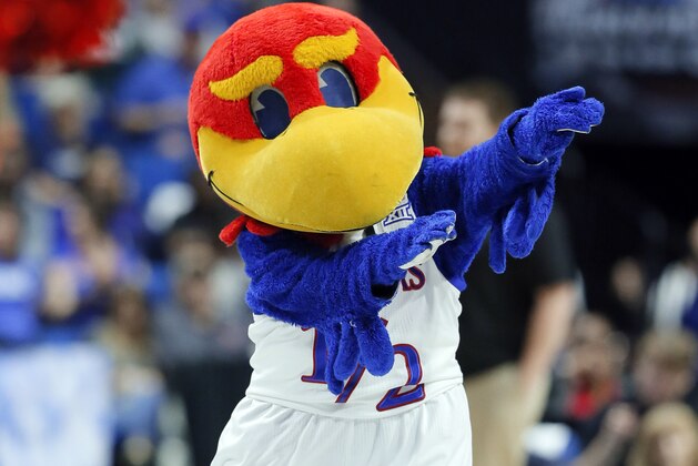 Kansas mascot Baby Jay performs during a second-round game against Michigan State in the men's NCAA college basketball tournament in Tulsa, Okla., Sunday, March 19, 2017. (AP Photo/Tony Gutierrez)