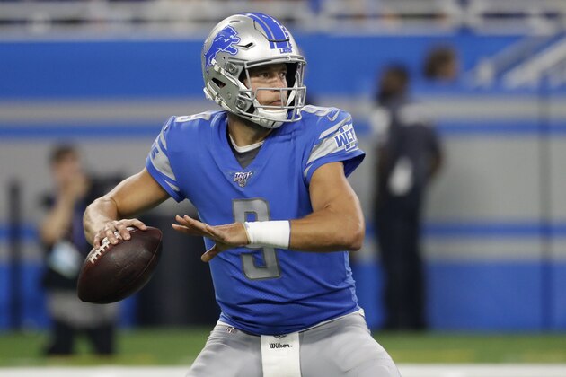 Detroit Lions quarterback Matthew Stafford (9) throws against the Los Angeles Chargers in the first half an NFL football game against the Los Angeles Chargers in Detroit, Sunday, Sept. 15, 2019. (AP Photo/Rick Osentoski)