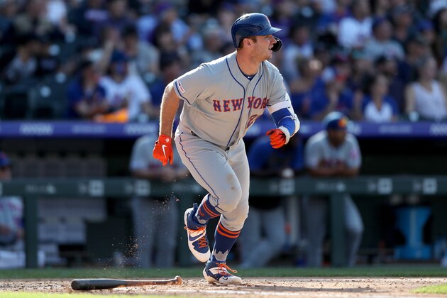 DENVER, COLORADO - SEPTEMBER 18: Pete Alonso #20 of the New York Mets hits a single in the eighth inning against the Colorado Rockies at Coors Field on September 18, 2019 in Denver, Colorado. (Photo by Matthew Stockman/Getty Images)