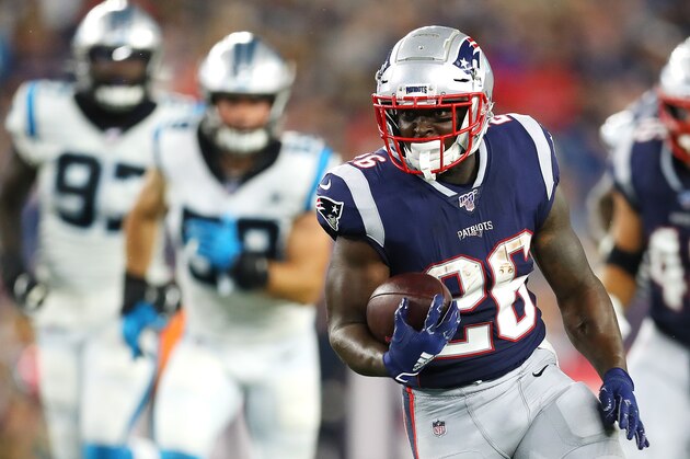 FOXBOROUGH, MASSACHUSETTS - AUGUST 22: Sony Michel #26 of the New England Patriots runs the ball during the preseason game between the Carolina Panthers and the New England Patriots at Gillette Stadium on August 22, 2019 in Foxborough, Massachusetts. (Photo by Maddie Meyer/Getty Images)