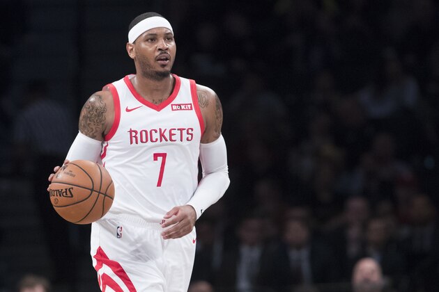Houston Rockets forward Carmelo Anthony handles the ball during the first half of an NBA basketball game against the Brooklyn Nets, Friday, Nov. 2, 2018, in New York. (AP Photo/Mary Altaffer)