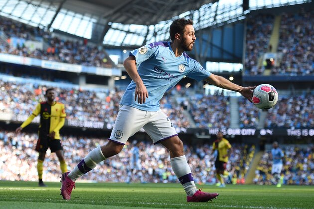 Manchester City's Portuguese midfielder Bernardo Silva reacts during the English Premier League football match between Manchester City and Watford at the Etihad Stadium in Manchester, north west England, on September 21, 2019. (Photo by Oli SCARFF / AFP) / RESTRICTED TO EDITORIAL USE. No use with unauthorized audio, video, data, fixture lists, club/league logos or 'live' services. Online in-match use limited to 120 images. An additional 40 images may be used in extra time. No video emulation. Social media in-match use limited to 120 images. An additional 40 images may be used in extra time. No use in betting publications, games or single club/league/player publications. /         (Photo credit should read OLI SCARFF/AFP/Getty Images)