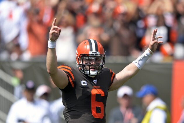 Cleveland Browns quarterback Baker Mayfield celebrates after a 4-yard touchdown pass to Dontrell Hilliard during the first half in an NFL football game against the Tennessee Titans, Sunday, Sept. 8, 2019, in Cleveland. (AP Photo/David Richard)