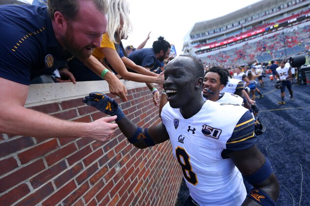 OXFORD, MISSISSIPPI - SEPTEMBER 21: Kuony Deng #8 of the California Golden Bears reacts after winning a game against the Mississippi Rebels at Vaught-Hemingway Stadium on September 21, 2019 in Oxford, Mississippi. (Photo by Jonathan Bachman/Getty Images) OXFORD, MISSISSIPPI - SEPTEMBER 21: Kuony Deng #8 of the California Golden Bears reacts after winning a game against the Mississippi Rebels at Vaught-Hemingway Stadium on September 21, 2019 in Oxford, Mississippi. (Photo by Jonathan Bachman/Getty Images)