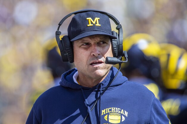 FILE - In this Saturday, Sept. 7, 2019. file photo,Michigan head coach Jim Harbaugh wears his headset on the sidelines in the first quarter of an NCAA football game against Army in Ann Arbor, Mich. Michigan is heading into the first really big Big Ten game of the season. The Wolverines face No.  13 Wisconsin in Madison on Saturday, Sept. 21, 2019.  (AP Photo/Tony Ding, File)