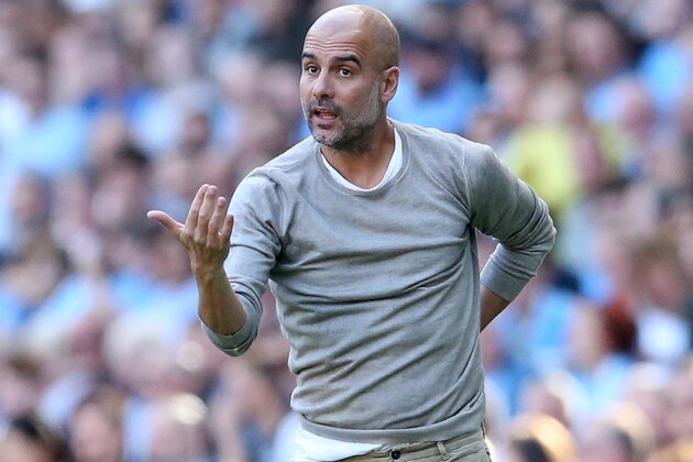 MANCHESTER, ENGLAND - SEPTEMBER 21: Pep Guardiola, Manager of Manchester City gestures during the Premier League match between Manchester City and Watford FC at Etihad Stadium on September 21, 2019 in Manchester, United Kingdom. (Photo by Jan Kruger/Getty Images)