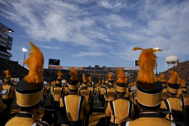 IOWA CITY, IA - NOVEMBER 18:  The matching band takes the field before the match-up between the Iowa Hawkeyes and the Purdue Boilermakers on November 18, 2017 at Kinnick Stadium in Iowa City, Iowa.  (Photo by Matthew Holst/Getty Images)