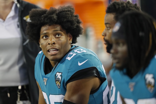 JACKSONVILLE, FLORIDA - SEPTEMBER 19: Jalen Ramsey #20 of the Jacksonville Jaguars sits on the bench during the third quarter of a game against the Tennessee Titans at TIAA Bank Field on September 19, 2019 in Jacksonville, Florida. (Photo by James Gilbert/Getty Images)