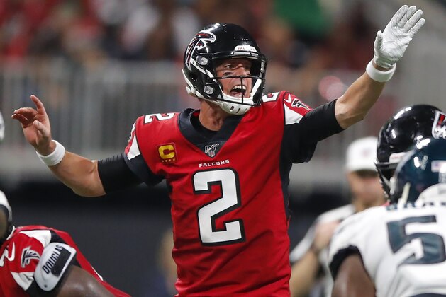 ATLANTA, GA - SEPTEMBER 15: Matt Ryan #2 of the Atlanta Falcons signals at the line of scrimmage during the second half of an NFL game against the Philadelphia Eagles at Mercedes-Benz Stadium on September 15, 2019 in Atlanta, Georgia. (Photo by Todd Kirkland/Getty Images)