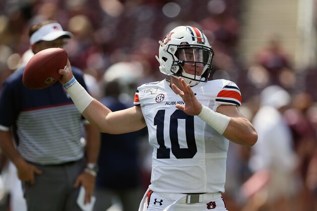COLLEGE STATION, TEXAS - SEPTEMBER 21: Bo Nix #10 of the Auburn Tigers throws a pass during warmups before playing against the Texas A&M Aggies at Kyle Field on September 21, 2019 in College Station, Texas. (Photo by Bob Levey/Getty Images)