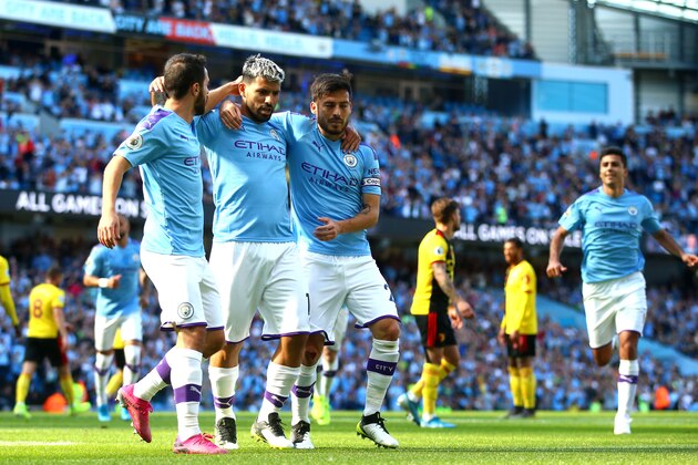 MANCHESTER, ENGLAND - SEPTEMBER 21: Sergio Aguero of Manchester City celebrates scoring his teams first goal during the Premier League match between Manchester City and Watford FC at Etihad Stadium on September 21, 2019 in Manchester, United Kingdom. (Photo by Chloe Knott - Danehouse/Getty Images)