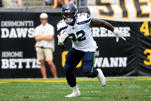 PITTSBURGH, PA - SEPTEMBER 15: Chris Carson #32 of the Seattle Seahawks in action during the game against the Pittsburgh Steelers at Heinz Field on September 15, 2019 in Pittsburgh, Pennsylvania. (Photo by Justin Berl/Getty Images) PITTSBURGH, PA - SEPTEMBER 15: Chris Carson #32 of the Seattle Seahawks in action during the game against the Pittsburgh Steelers at Heinz Field on September 15, 2019 in Pittsburgh, Pennsylvania. (Photo by Justin Berl/Getty Images)