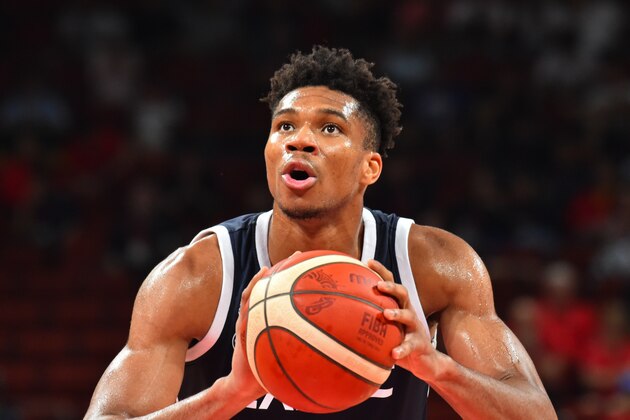 SHENZHEN, CHINA - SEPTEMBER 9: Giannis Antetokounmpo #34 of Team Greece shoots the ball against Team Czech Republic during the FIBA World Cup on September 9, 2019 at the Shenzhen Bay Sports Center in Shenzhen, China. NOTE TO USER: User expressly acknowledges and agrees that, by downloading and/or using this photograph, user is consenting to the terms and conditions of the Getty Images License Agreement. Mandatory Copyright Notice: Copyright 2019 NBAE  (Photo by Jesse D. Garrabrant/NBAE via Getty Images)