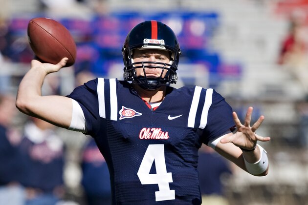 OXFORD, MS - OCTOBER 24:   Jevan Snead #4 of the Ole Miss Rebels warming up before a game against the Arkansas Razorbacks at Vaught-Hemingway Stadium on October 24, 2009 in Oxford, Mississippi.  Mississippi defeated Arkansas 30-17.  (Photo by Wesley Hitt/Getty Images)