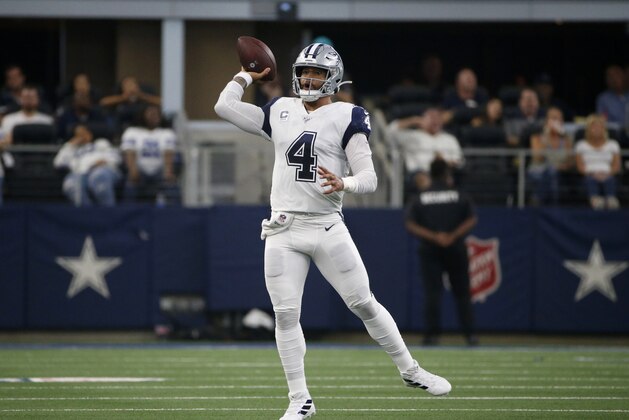Dallas Cowboys quarterback Dak Prescott (4) throws a pass in the first half of a NFL football game against the Miami Dolphins in Arlington, Texas, Sunday, Sept. 22, 2019. (AP Photo/Ron Jenkins)