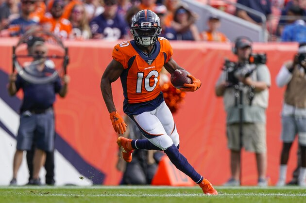 Denver Broncos wide receiver Emmanuel Sanders runs during an NFL football game between the Denver Broncos and the Chicago Bears, Sunday, Sept. 15, 2019, in Denver. (AP Photo/Jack Dempsey)